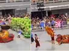 Imagem - VÍDEO: mestre-sala e porta-bandeira caem após escorregão em óleo durante desfile