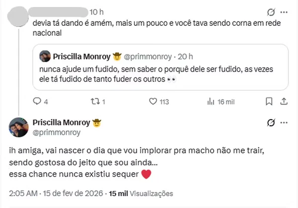 Priscilla Monroy rebateu seguidora por Reprodução/Instagram