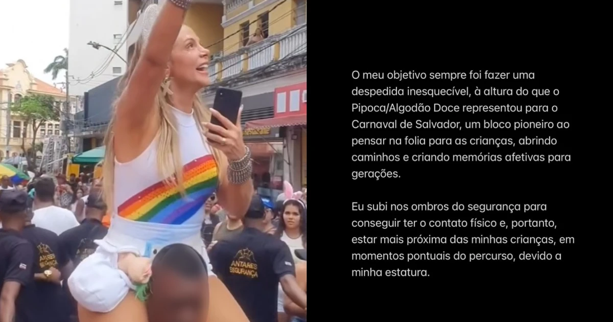 Imagem - 'Remete a desigualdades históricas': Carla Perez pede desculpas após subir nos ombros de segurança
