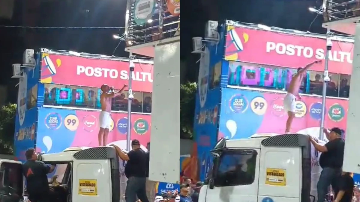 Folião sobe em trio durante a passagem de Igor Kannário no Campo Grande