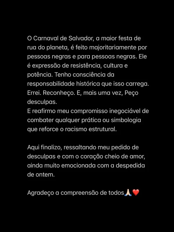 Veja na íntegra a nota publicada pela dançarina por Reprodução/ Redes sociais