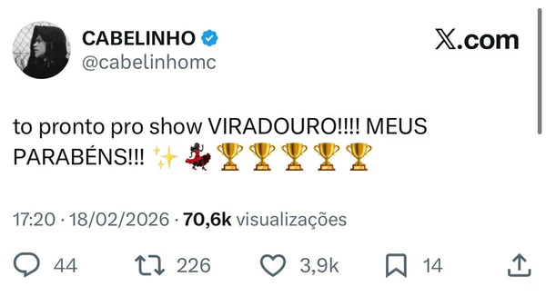 Mc Cabelinho no X por Reprodução/ X