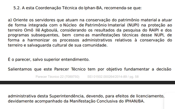 Trecho do parecer técnico do Iphan sobre a ponte Salvador-Itaparica por Reprodução