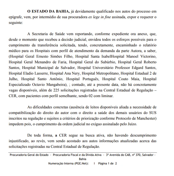Despacho da PGE após decisão determinar regulação de paciente por Reprodução