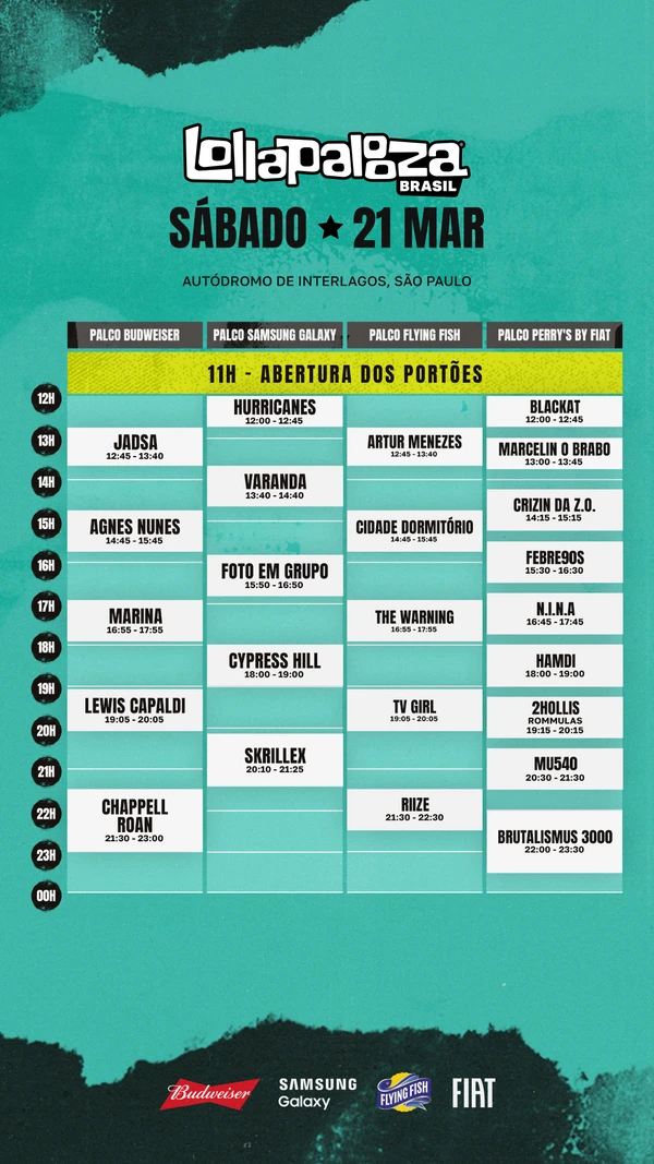 Ordem e horário das atrações de sábado (21 de março) por Divulgação/Lollapalooza