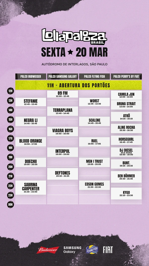 Ordem e horário das atrações de sexta-feira (20 de março) por Divulgação/Lollapalooza