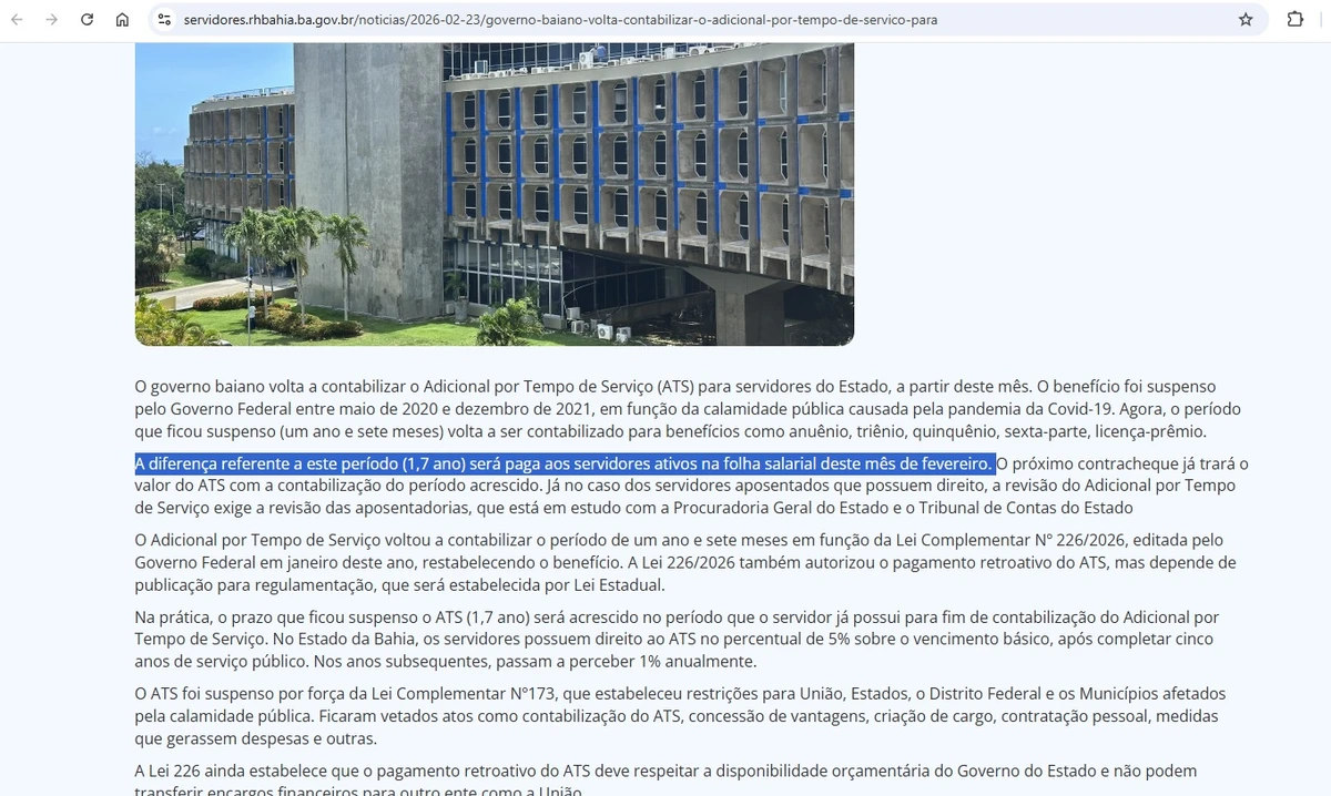 Saeb informou que A diferença referente a este período (1,7 ano) será paga aos servidores ativos na folha salarial deste mês de fevereiro