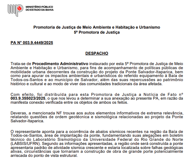 Despacho enviado pelo MP-BA sobre tremores de terra por Reprodução