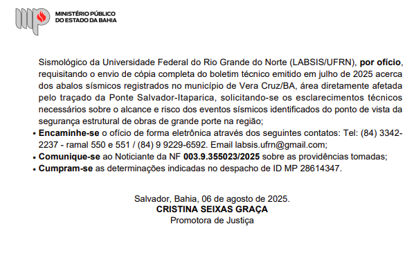 Despacho enviado pelo MP-BA sobre tremores de terra por Reprodução