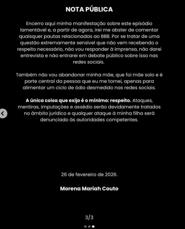 Morena Mariah se manifesta após fala polêmica da mãe por Reprodução