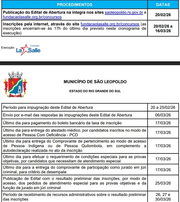 Cargos da concurso da Prefeitura de São Leopoldo por Reprodução