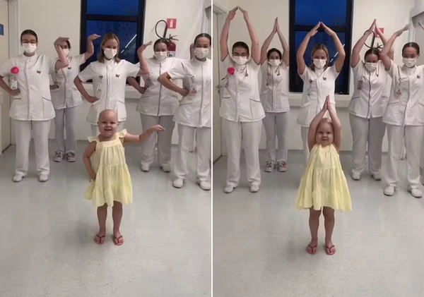 Menina de 4 anos em tratamento contra câncer viraliza após aparecer em vídeo dançando com enfermeiros