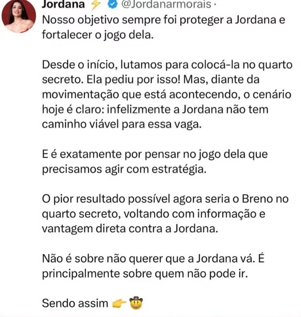 Post feito pelos administradores das redes sociais de Jordana enquanto paredão falso era disputado por Reprodução/Globo