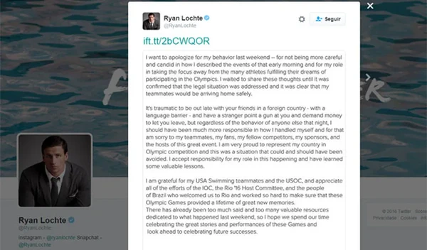 Texto de pedido de desculpa de Ryan Lochte sobre falso relato de assalto por Reprodução/Twitter/RyanLochte