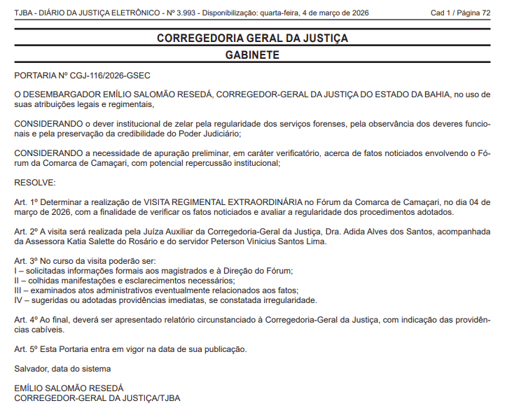 TJ-BA determina inspeção no fórum de Camaçari por Reprodução