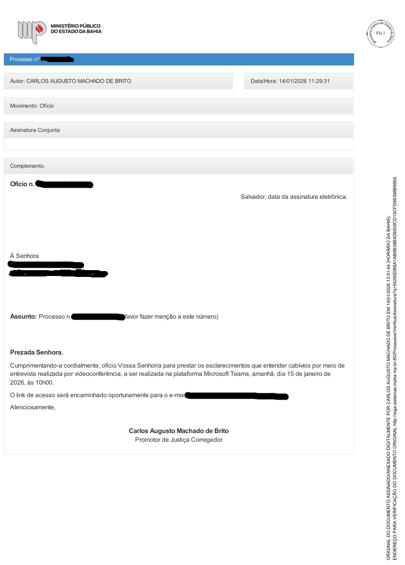 Ex-assessora acusa promotora do MPBA de ordenar uso de assinatura eletrônica em seu lugar por Reprodução 