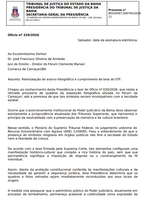 Presidente do TJ-BA determina que imagem seja recolocada em fórum de Camaçari por Reprodução