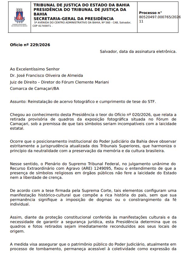 Presidente do TJ-BA determina que imagem seja recolocada em fórum de Camaçari por Reprodução