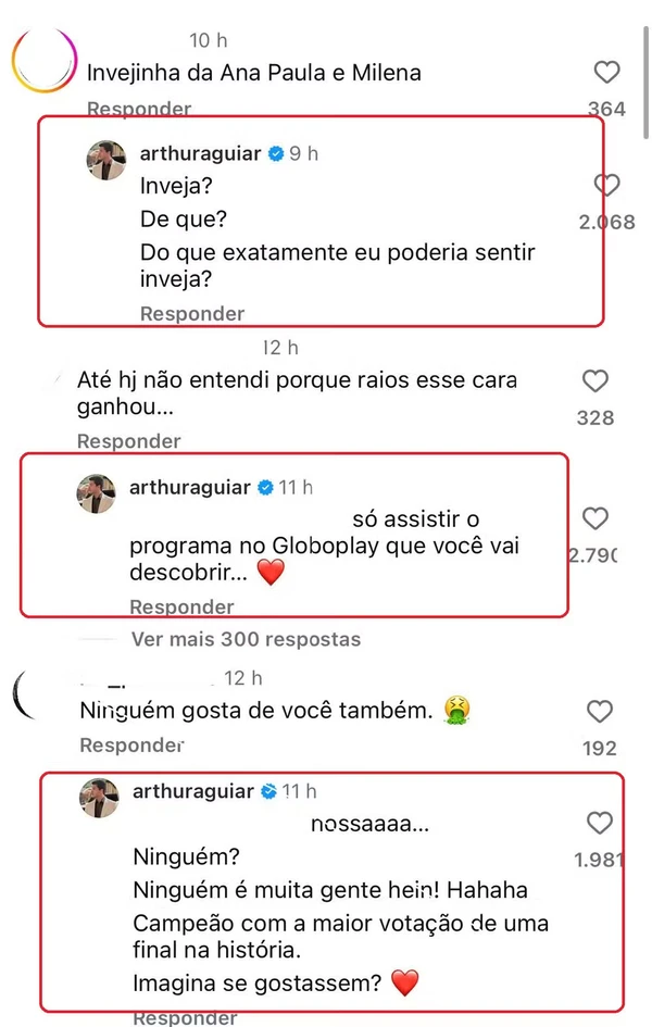 Arthur Aguiar bateu boca nas redes sociais com fãs de Ana Paula e Milena, do BBB 26 por Reprodução/Instagram