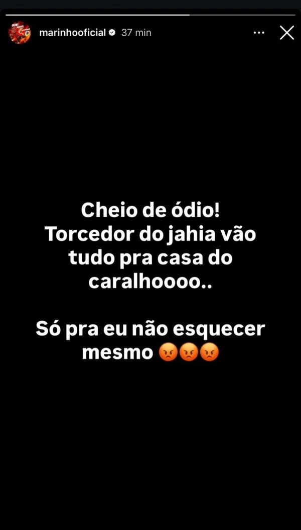 Marinho xinga torcida do Bahia em publicação nas redes sociais