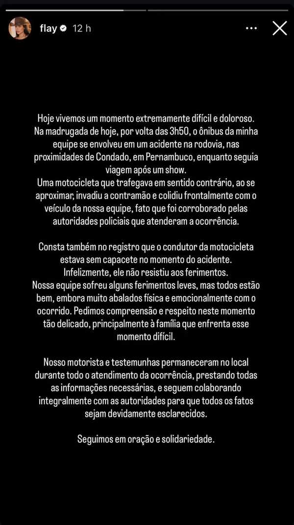 Flay falou sobre o acidente nas redes sociais