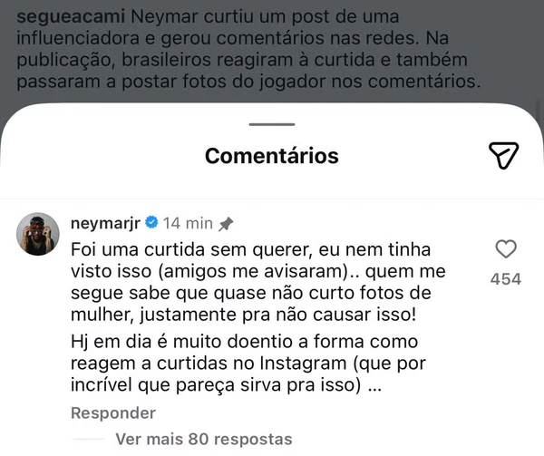 Neymar se explica após curtida polêmica em fotos de modelo francesa por Reprodução/Redes Sociais  