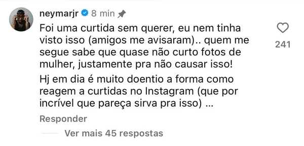 Comentário de Neymar após curtida em foto da modelo Pauline Tantot por Reprodução/Instagram