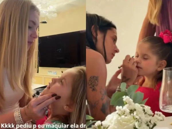 Virginia e Ana Castela maquiando Maria Flor por Reprodução/Instagram