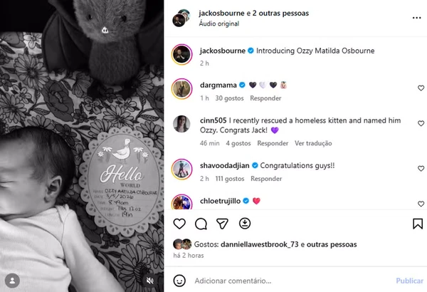 Jack Osbourne anuncia nascimento da filha e bebê ganha nome em homenagem ao avô Ozzy Osbourne por Reprodução/Redes Sociais 