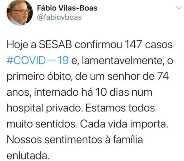 Anúncio da primeira morte por covid-19 na Bahia por Reprodução