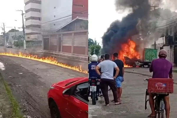 Carro arrasta moto após briga de trânsito, bate em caminhão e provoca explosão