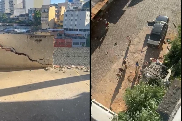 Carro cai de altura de 17 metros em estacionamento em Salvador e deixa dois feridos