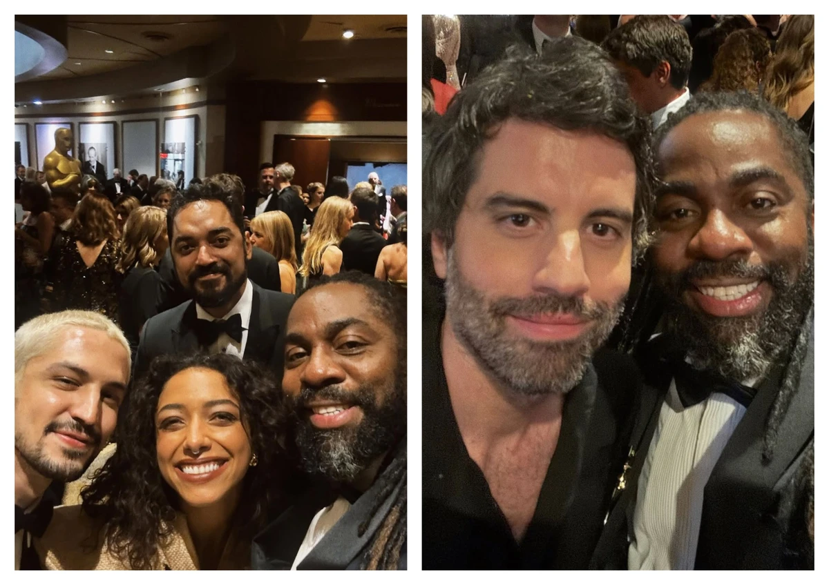 Lázaro fez fotos com o elenco de O Agente Secreto e com o diretor de fotografia Adolpho Veloso