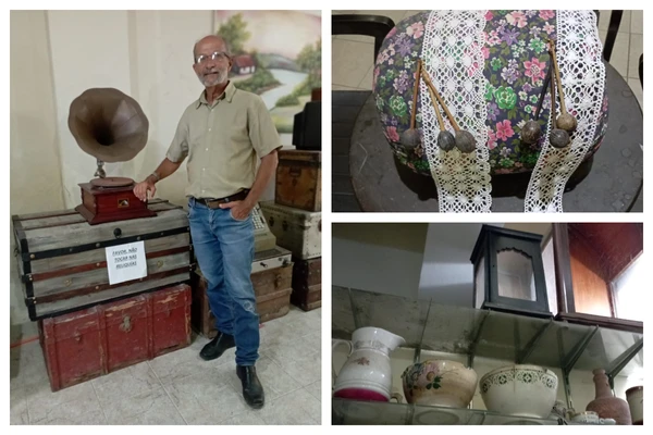 Seu Araújo, ao lado do gramofone e outras relíquias do seu acervo particular