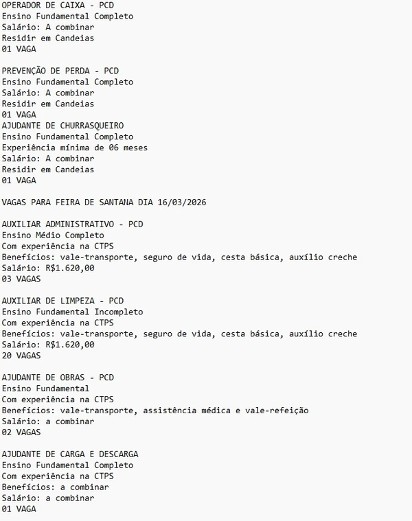 Vagas do SineBahia - Salvador e RMS (16/03) por Reprodução
