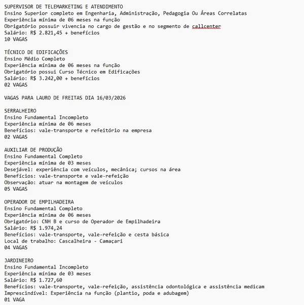 Vagas do SineBahia - Salvador e RMS (16/03) por Reprodução
