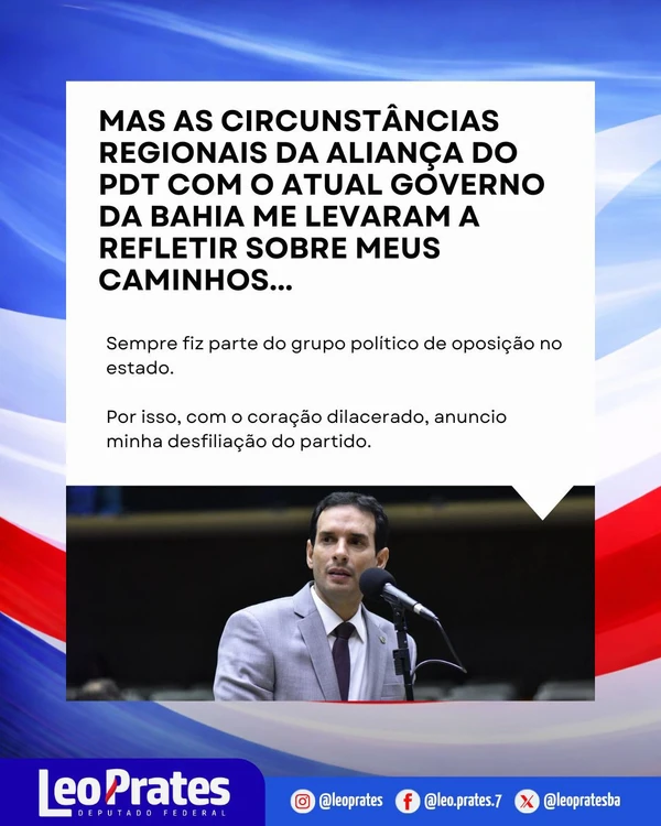 Leo Prates anuncia saída do PDT por Reprodução