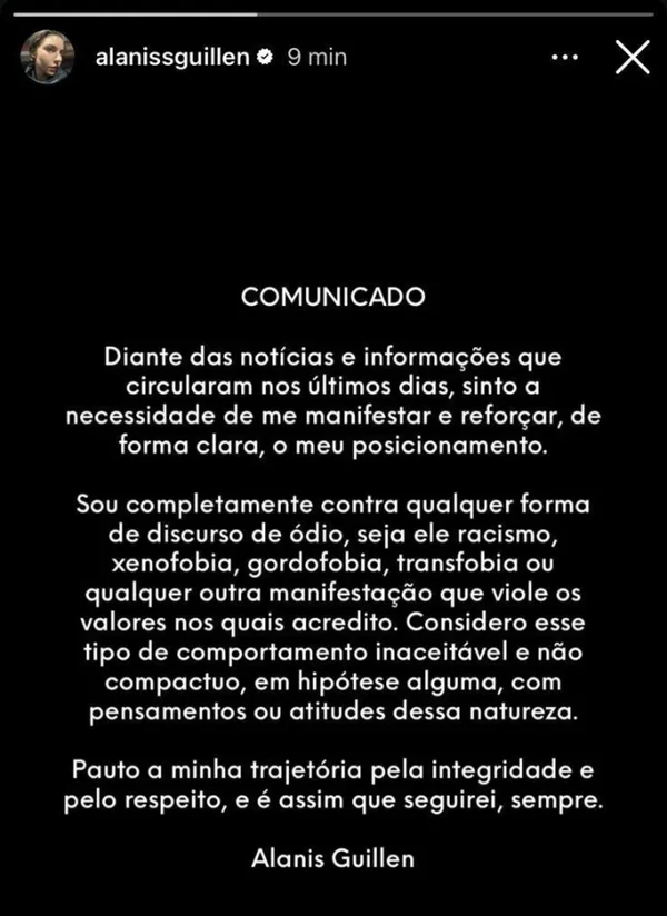 Alanis Guillen se pronuncia após falas racistas da namorada por Reprodução/Redes Sociais 