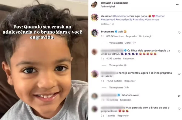 Fã brasileira mostra filho parecido com Bruno Mars e cantor reage nos comentários por Reprodução/Redes Sociais 