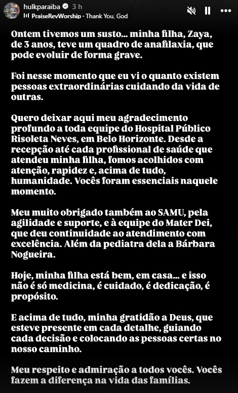 Hulk falou sobre o susto com a filha nos Stories por Reprodução/Instagram