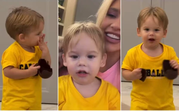 José Leonardo, filho de Virginia e Zé Felipe, comendo chocolate