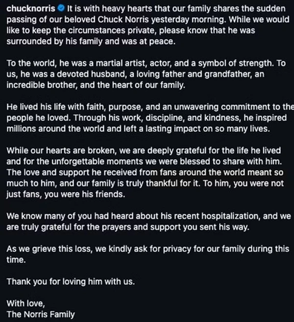 Morte foi confirmada em publicação no Instagram de Chuck Norris