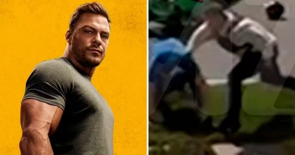 Alan Ritchson em 'Reacher' e durante briga com vizinho por Divulgação e Reprodução