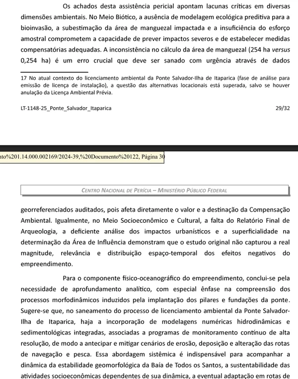 Trechos dos laudos do MPF sobre a ponte Salvador-Itaparica por Reprodução/MPF