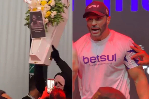 Davi Brito provoca Kleber Bambam em evento pré-luta ao levar caixão com foto do ex-brother