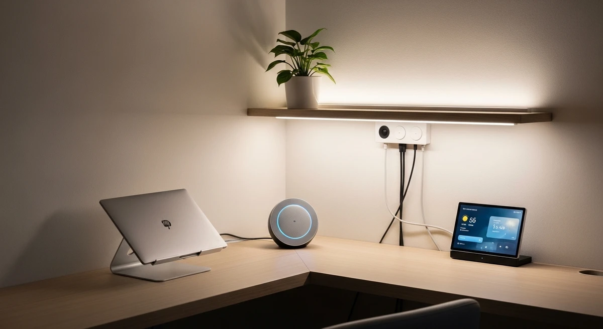 Decoração que é a cara de Aquário: cantinho tech discreto e integrado por Imagem gerada por IA