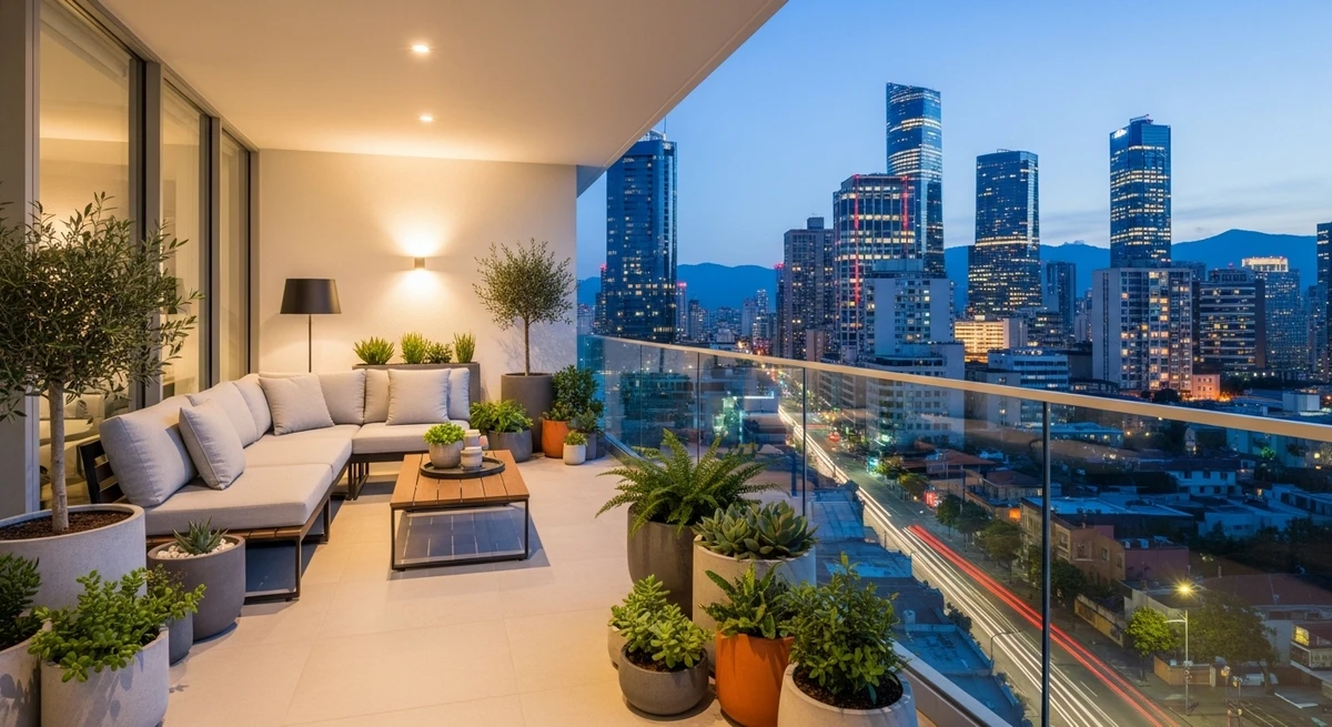 Decoração que é a cara de Aquário: varanda urbana contemporânea por Imagem gerada por IA