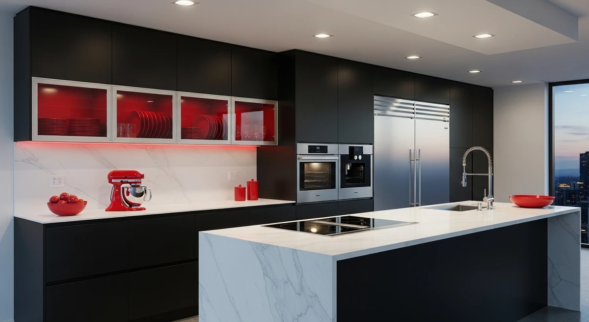 Decoração que é a cara de Áries: cozinha moderna com detalhes em vermelho por Imagem gerada por IA