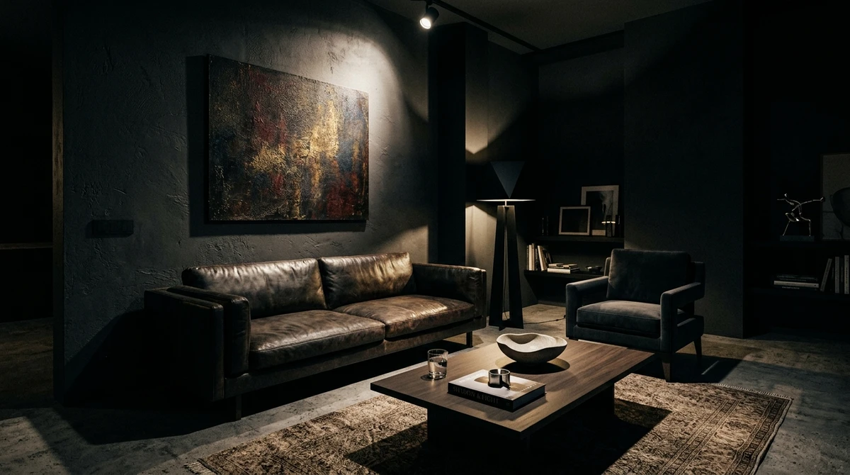 Decoração que é a cara de Áries: espaço com iluminação dramática e tons escuros por Imagem gerada por IA