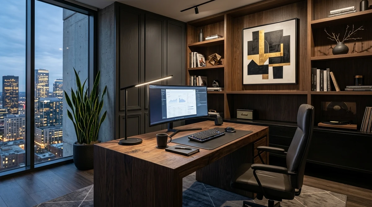 Decoração que é a cara de Áries: home office com estilo executivo e ousado por Imagem gerada por IA